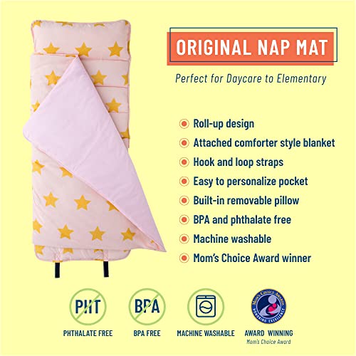 Wildkin Original Nap Mat With Reusable Pillow For Boys & Girls, Perfect For Elementary Sleeping Mat, Features Hook & Loop Fastener, Cotton Blend Materials Nap Mat For Kids (Pink And Gold Stars) #TOP2