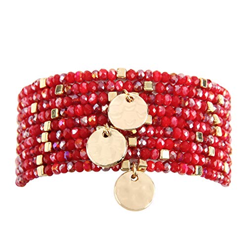 RIAH FASHION Bohemian Multi-Layer Beaded Pendant Statement Stretch Strand Bracelet - Sparkly Bead Tassel Pom Pom Star Charm Stack Cuff Bangles (Delicate Coin Charm Set - Red)