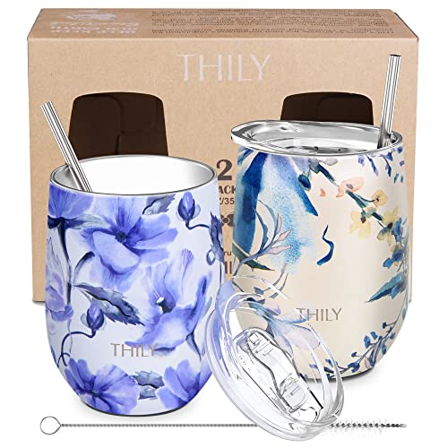 Thily Stainless Steel Insulated Wine Tumbler Stemless Wine Glass With Sliding Lid And Straw, Keep Coffee Or Cocktails Cold, Cute Gifts For Women, 2 Pack(Iridaceae+Orchid) #TOP3