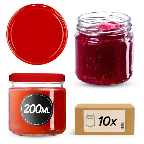 KADAX Tarros Pequeños de 200 ml, Botes de Cristal con Tapa Hermética de 66 mm para Miel, Conservas, Especias y Mermeladas (10 Unidades, Rojo)