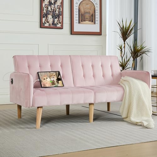 Image of TYBOATLE 65 inch W Velvet Modern Convertible Folding Futon Couch Sofa Bed w / 2 USB Charging Ports and arms, Loveseat for Compact Living Space, Dorm, Game Studio, Bonus Room, Apartment, Bedroom (Pink)
