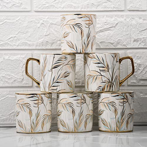 Femora Handcrafted Ceramic Coffee Mugs Indian Golden Tea Cups Set of 6 (6 oz), Cappuccino Cups, Coffee Cups, White Tea Cup Set, British Coffee Cups, Porcelain Tea Set, Latte Cups, Espresso Mug.