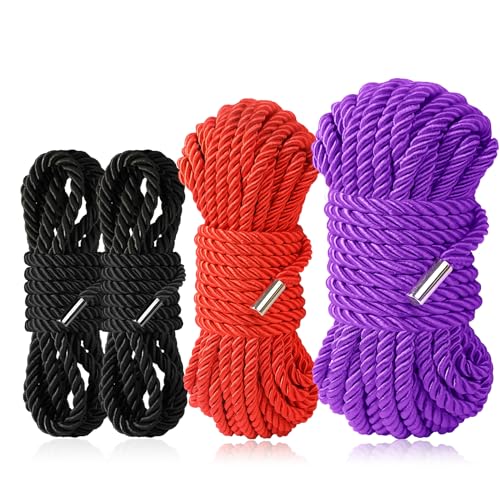 Sfcaris Silk Soft Rope, Skin Friendly Soft Nylon Rope Silky Rope, Durable Multipurpose Color Braided Long Rope (2x8ft Black+16ft red+32ft Purple)