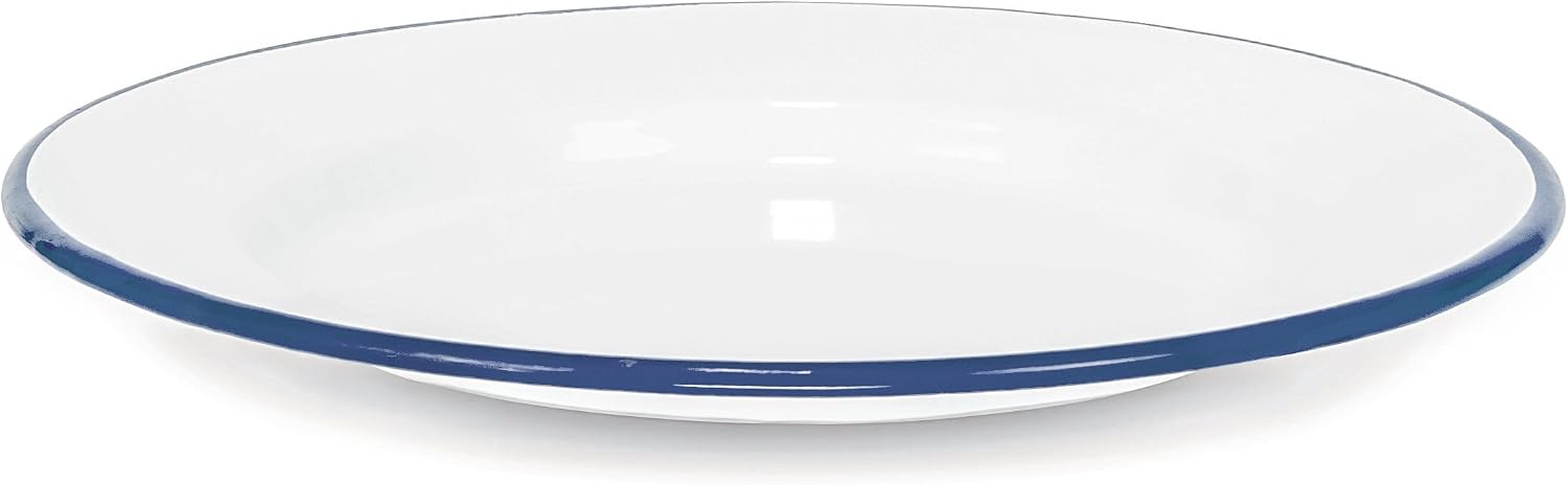 Red Co. Set of 4 Enamelware Metal Classic 10" Round Dinner Plate, Solid White/Navy Blue Rim