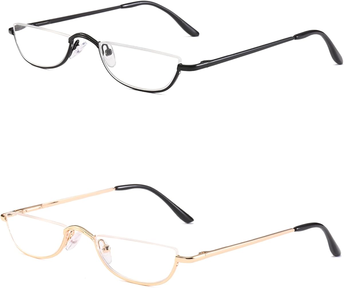 Half Reading Glasses - 2 Pairs Half Rim Metal Frame Glasses Spring Hinge Readers for Men and Women, Black+Gold 2.00