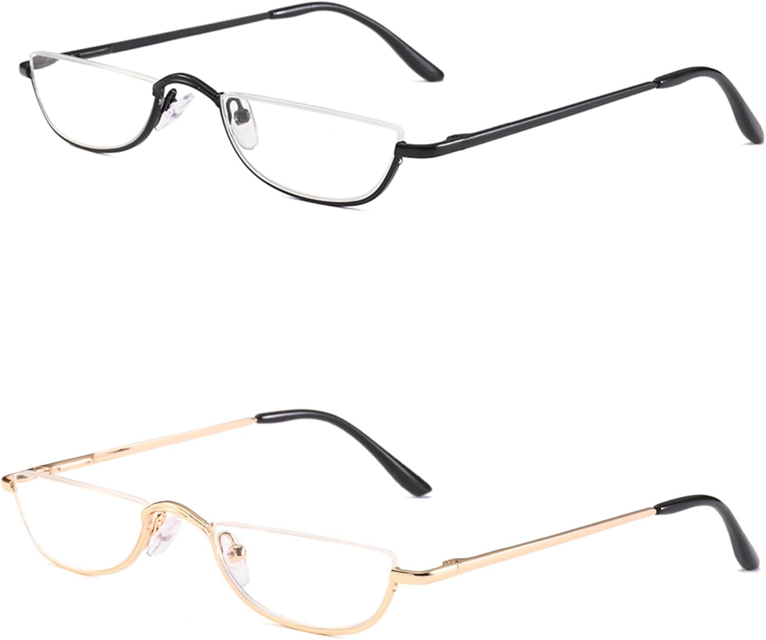 KoKoBin Half Reading Glasses - 2 Pairs Half Rim Metal Frame Glasses Spring Hinge Readers for Men and Women, Black+Gold 2.25