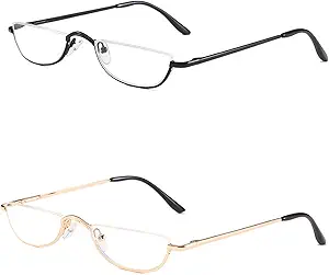 Half Reading Glasses - 2 Pairs Half Rim Metal Frame Glasses Spring Hinge Readers for Men and Women, Black+Gold 2.00