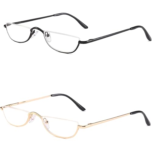 KoKoBin Half Reading Glasses - 2 Pairs Half Rim Metal Frame Glasses Spring Hinge Readers for Men and Women, Black+Gold 2.50