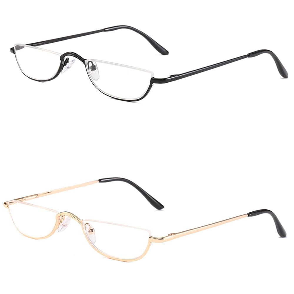 KoKoBin Half Reading Glasses - 2 Pairs Half Rim Metal Frame Glasses Spring Hinge Readers for Men and Women, Black+Gold 2.75