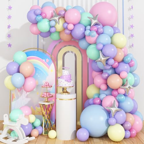 Pink Purple Blue Rainbow Balloon Garland, Macaron Party Balloon Arch Garland Kit, Pastel Macaron Balloons Decorations for Girls Kids Lady Birthday Wedding Baby Shower Party Supplies