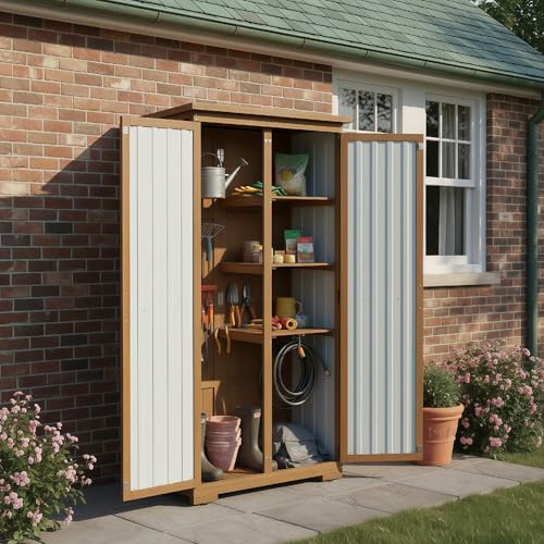 Image of Outdoor Storage Cabinet, Wood & Metal Storage Shed with Weather-Resistant Roof, Removable Shelves, Lockable Doors, Outside Storage Tool Organizer for Garden, Patio, Backyard, Garage, Pool