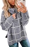 ECOWISH Women Pullover Sweater Turtleneck Plaid Long Sleeve Loose Casual Chunky Checked Knitted Wint