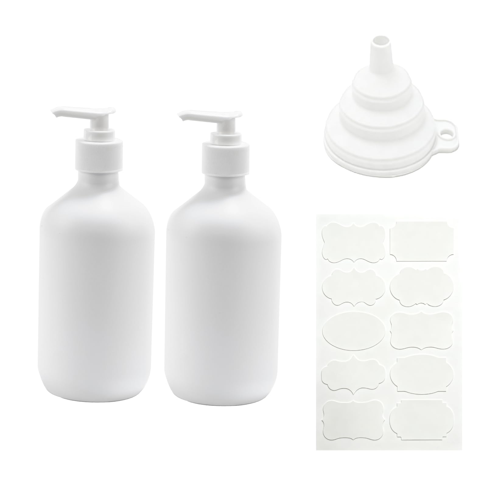 2 Pcs Soap Dispenser, 500ML/17oz Pump Bottle Dispenser, Empty Refillable Shampoo and Conditioner Bottles for Bedroom Kitchen Lotions Washing Up Liquid Dispensers, with Funnel (white)