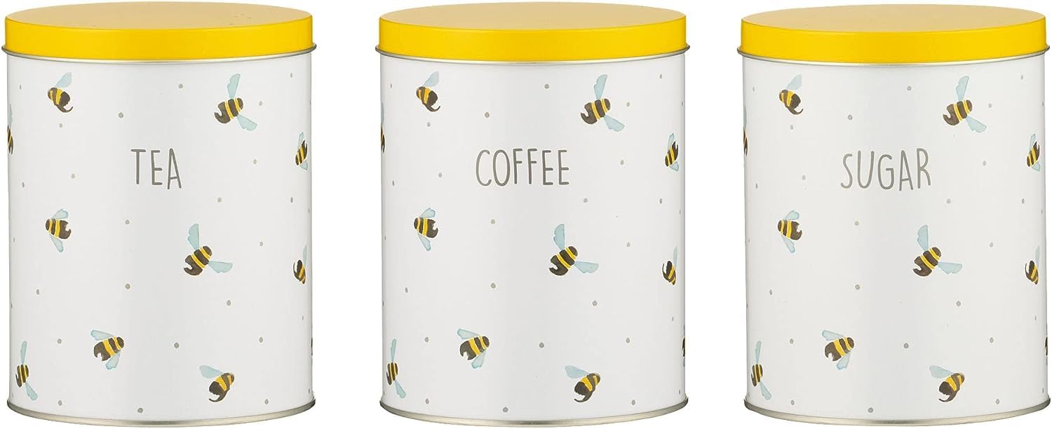 Home Deco London Sweet Bee Metal Storage Canister Jar with Lid Durable Bumblebee Keep Fresh Attractive Bright Yellow (Tea, Coffee & Sugar Storage)