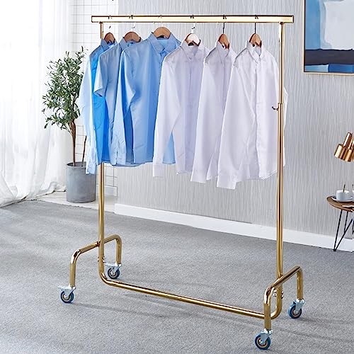 Perchero de acero inoxidable de grado comercial con ruedas, portátil y plegable, capacidad de 127 kg, altura ajustable, barra superior extensible de 130 a 200 cm, color dorado, ideal para lavanderías