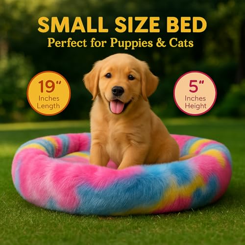 Image of RvPaws Faux Fur Pet Beds for Indoor, Dog Bed for Small & Puppy, Soft Fluffy Donut Cuddler Washable Round Pet Bed for Puppy and Kitten (Length 19 Inch - Small)
