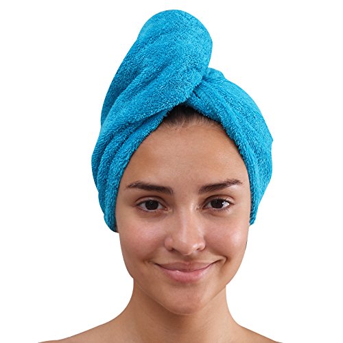 Class Home Collection Frottee Baumwolle Turban Haarturban Kopfhandtuch 27x72 cm mit Knopfverschluss (Türkis)