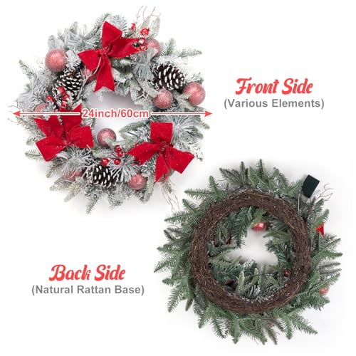 24" Prelit Christmas Wreath with Lights, Battery Operated Xmas Garland with Decorations, Wreath for Front Door Porch Wall Window Fireplace Outdoor Home Holiday Accent