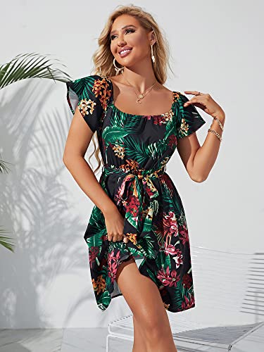 Image of Off Shoulder Ruffle Dress for Women, A-Line Mini Dress with Belt, Fitted Bust Summer Wedding Guest Dress