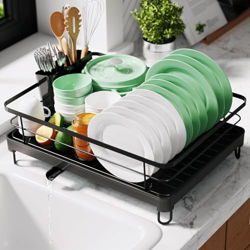 Image of Dish Drying Rack for Kitchen Countertop | Stainless Steel Bartan Drying Stand with Drain Tray & Utensil Holder | Black Metal Dish Organizer, 64x47x23
