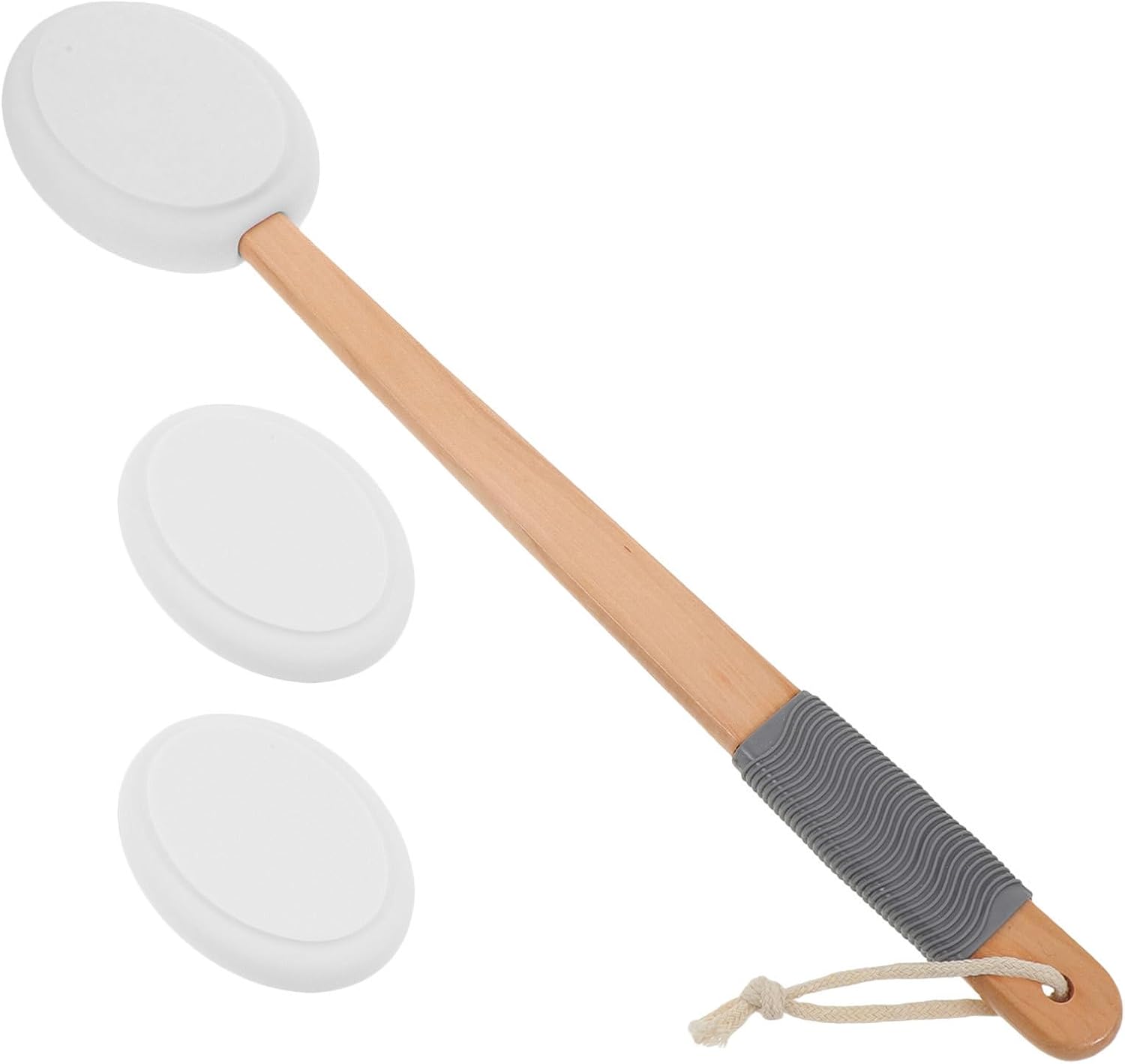 Back Lotion Applicator Tool with Long Handle for Shower and Bathroom Use, with 2 Replacement Eva Heads, Wood Handle for Stable Grip and Single-Handed Operation, for Elderly