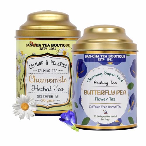 Image of Sancha Tea Boutique, Tea Combo Pack: Chamomile Herbal Tisane (50g) & Butterfly Pea Flower Tisane (25 Pyramid Bags), Caffeine Free Herbal Tisanes, Calming & Relaxing