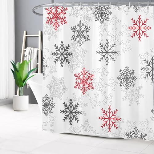 HVEST Christmas Snowflake Shower Curtain for Bathroom Decor, Red and Gray Snowflake on White Fabric Shower Curtain with Hooks Winter Snow Bathroom Curtains Shower Set,78L X 72W inches