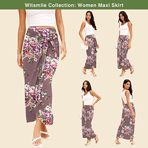Witsmile Womens Retro Tie-Front Draped Maxi Skirt Ankle Length Skirt For Women Dressy Casual With Back/Side Zipper (Fp Peony-Dark Pink,L) #TOP1