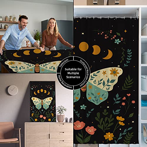 Visioun Retro Moth Witchy Shower Curtain For Bathroom 60W*72H Inch Moon Phase Gothic Vintage Floral Butterfly Unique Black Aesthetic Bathtub Decor Waterproof Polyester Fabric Set With 12 Hooks #TOP6