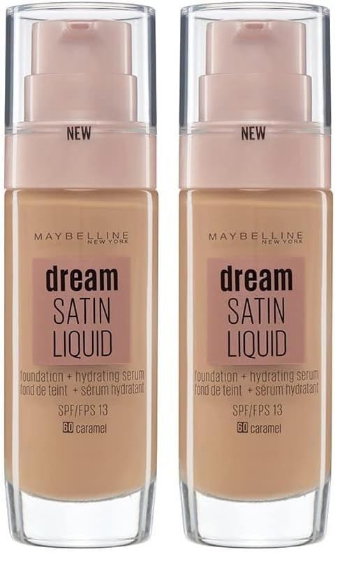 MAYBELLINE Base De Maquillaje Hidratante Con Ácido Hialurónico Y Cólageno, Para Pieles De Tono Claro, Tono 60 Caramel, 30 ml (Paquete de 2)