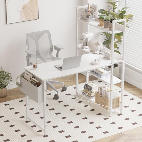 Treesland 47 Inch Computer Desk with Bookshelf, Corner Desk with Storage, L Shaped Desk, Home Office Desks, Writing Study Desk for Bedroom, White by Treesland - Used condition - Image 3