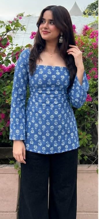 Image of Women's Rayon Printed Short Kurti | Straight Fit Casual Ethnic Top | Square Neck Full Sleeve Ladies Kurti Office College