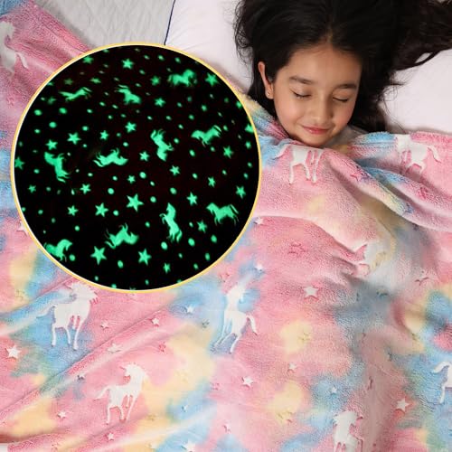 Image of Glow Blanket for Kids 200x150 cm, Pink Unicorn Glow in The Dark Blanket, Soft Flannel Fleece All Season Kids Blanket, Birthday Gift for Boys & Girls