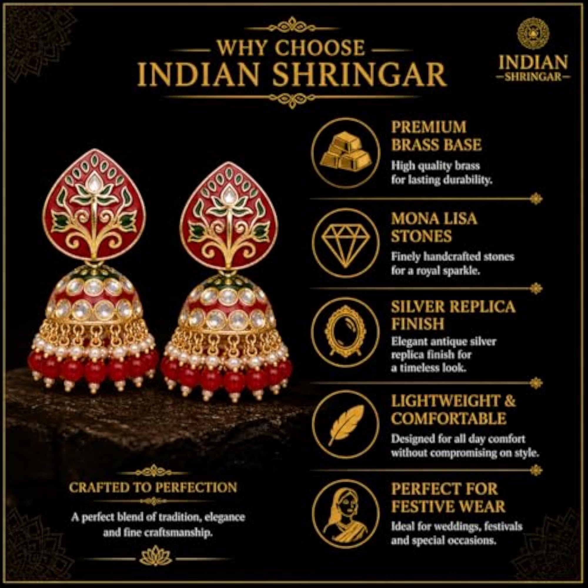 Women's Elegant Kundan Meenakari Jhumki Earrings with Pearl Drops