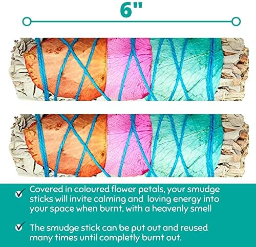 Afterglobe 2x Large White Sage and Flower Smudge Sticks - 6" Dried White Sage with Beautiful Scent Wrapped in Petals, Home Cleansing incense, Smudging kit for House Cleansing and Burning Sage