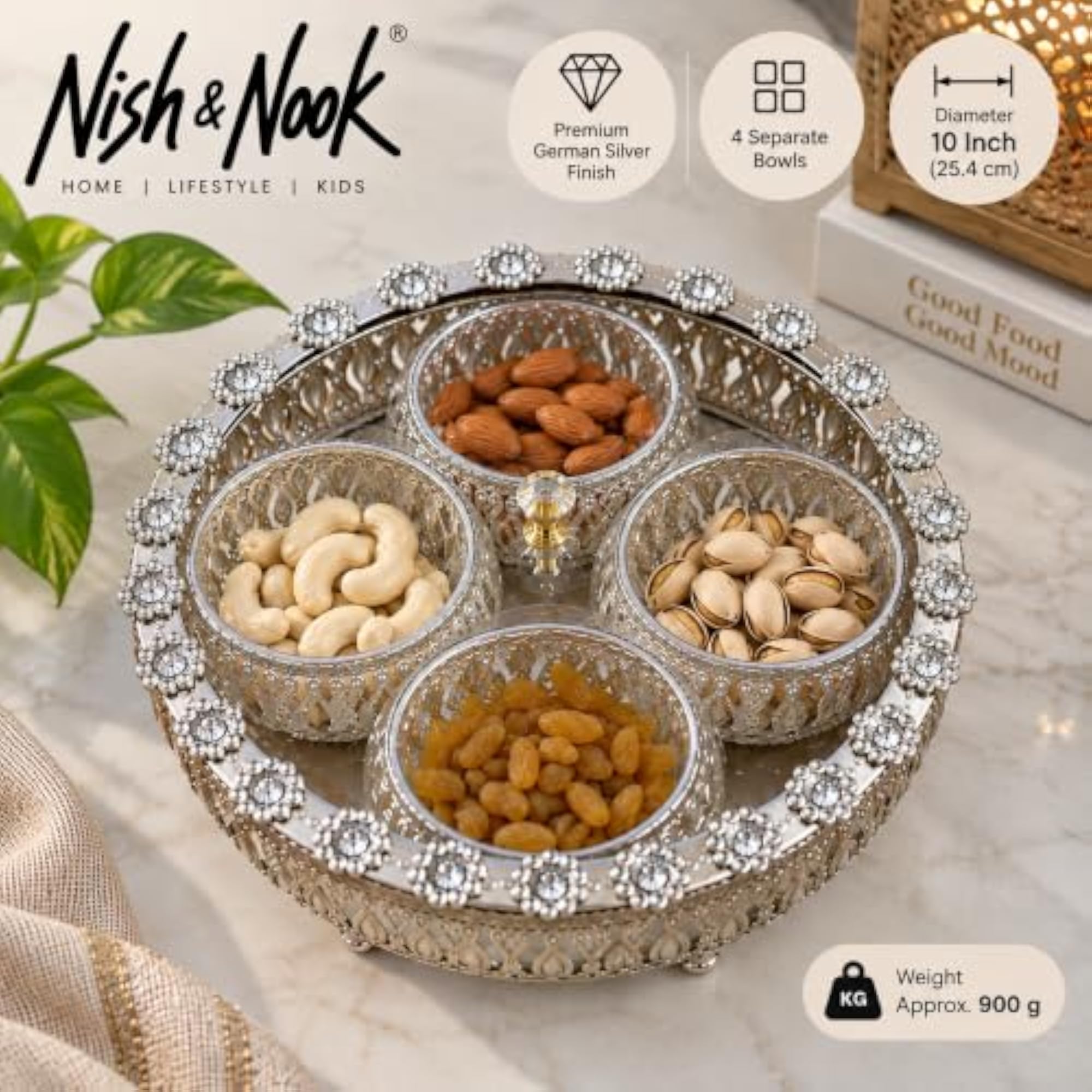Dry Fruit Box with 4 Bowls, German Silver Decorative Serving Tray
