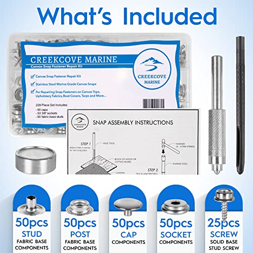 Creekcove Marine Canvas Snap Button Kit 228 Piece - Marine Grade Stainless Steel Snaps | Fabric Base Components And Snap Tools Included | Diy Canvas, Leather, And Upholstery Snap Fastener Repair Kit #TOP2