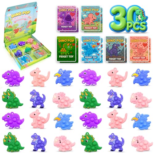 30Pcs Valentine's Day Gifts for Kids, Valentine's Day Dinosaur Pop Keychain Fidget Toys Pack, Valentine Exchange Cards for Classroom, Party Favors for Kids 4-8 8-12, Treasure Prizes Student Gifts