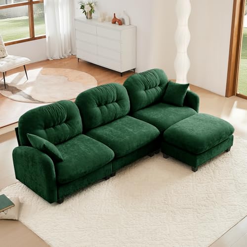Image of KEIKI 107 inch L-Shaped Oversized Chenille Modular Sectional Sofa with 1 Ottoman, High-Density Foam Cushions, Tufted Pleated Cushion Backrest, Modern 3-Seater Couch with 2 Pillow, for Living Room, Green