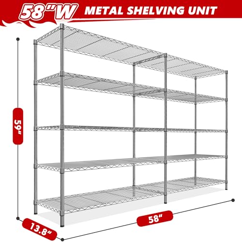 Image of REIBII 58 inch W Storage Shelves Wire Shelving 1400LB Metal Shelves for 5 Tier Shelving Unit with Shelf Adjustable Garage Shelving Rack for Pantry Kitchen Garage, 58 inch W x 59 inch H x 13.8 inch D, Chrome