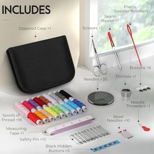 Image of VERAT 85 Pcs Sewing kit Box Tailoring Accessories Sui Dhaga Kit /Thread Box Set for Sewing Machine /Needle Threader Tool /Needles /Threads, Scissors /Buttons /Scissors /Tape /Travel /Stitching Items Box for Home