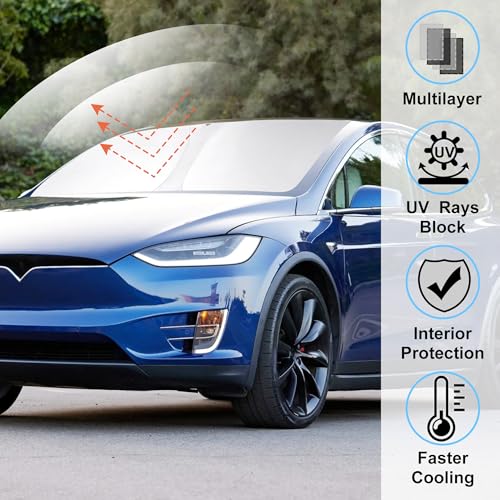 Image of Windshield Sun Shade Compatible with 2016-2024 2025 2026 Tesla Model X Tesla X Accessories Foldable Sunshade Front Sun Visor Protector Keep Car Cooler