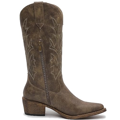 Image of GLOBALWIN Women's Mid Calf Western Cowboy Boots Cowgirl Boots for Women with Floral Embroidery Side Zipper Chunky Heel