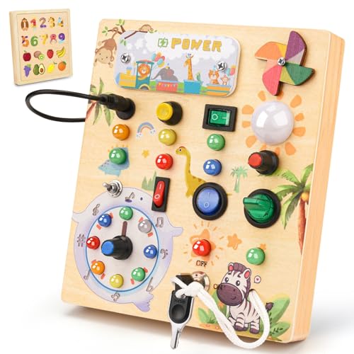 MILFECH Montessori Spielzeug Busy Board, Aktivitätsbrett Holzspielzeug mit 10 Schaltern und 17 LED-Lichtern Sensorik Spielzeug Motorikspielzeug für Babys Kinder ab 1 2 3 Jahr(Massivholz)