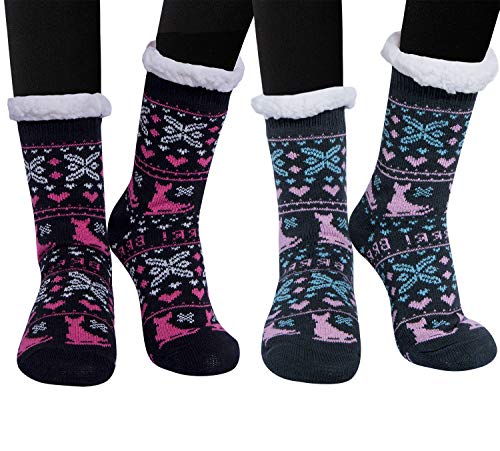 Loritta 2 Pairs Womens Winter Socks Thick Warm Cozy Fleece Sherpa Fleece Lined Fuzzy Christmas Slipper Socks with Grippers Gifts,A1- Black & Gray