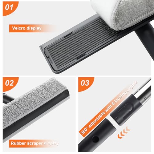 Image of Window Cleaning Kit, Rotatable Window Squeegee for Home with 60 inch Extension Pole for High Windows, 3 Microfiber Cloths, Screen Brush, for Glass Indoor Outdoor