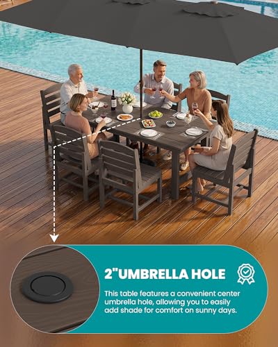 Image of SERWALL 7-Pc HDPE Patio Dining Set, 1 Table & 6 Armless Chairs, Coffee | HDPE Outdoor Dining Set with Rectangular Table & 6 Armless Chairs, All-Weather Resistant SERWALL Dining Set for 6