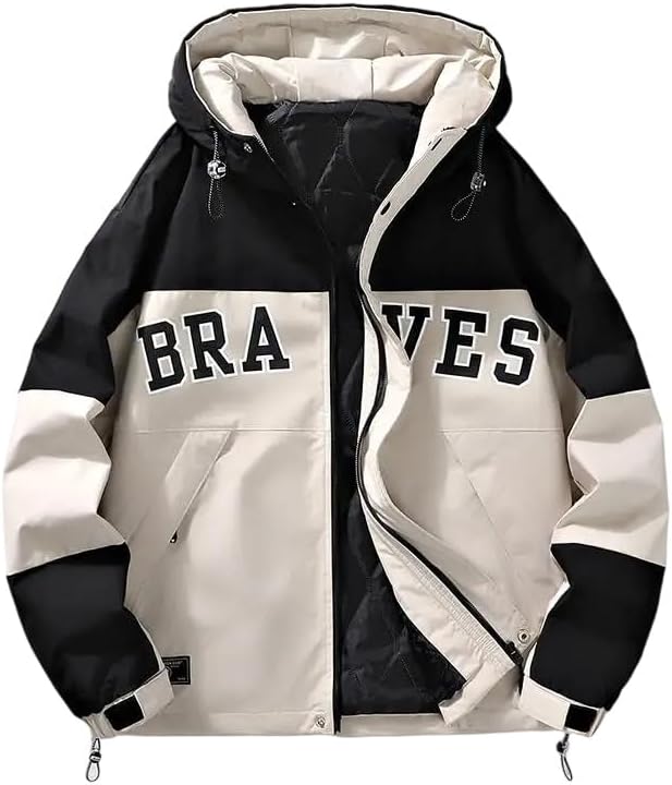 Men's Padded Jacket Black and Beige Color Clash Design Sport Zipper Casual Lightweight Hooded Windbreaker