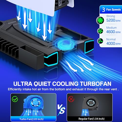 Image of PS5 Stand, PS5 /PS5 Slim Cooling Station with 3-Level Cooling Fan, Controller Charger Station for PS5 Accessories, Light, Headset Holder, 3 Charger Ports for PlayStation 5 Slim Console, Black