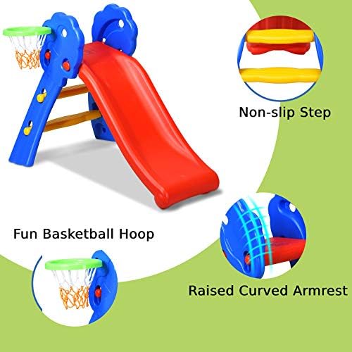 COSTWAY Folding First Slide for Kids | Toddlers | Children, Foldable for Easy Storage, Primary Climb Toy, Safety Plastic, Use for Indoor Outdoor Garden Playground (Slide with Basketball Hoop)